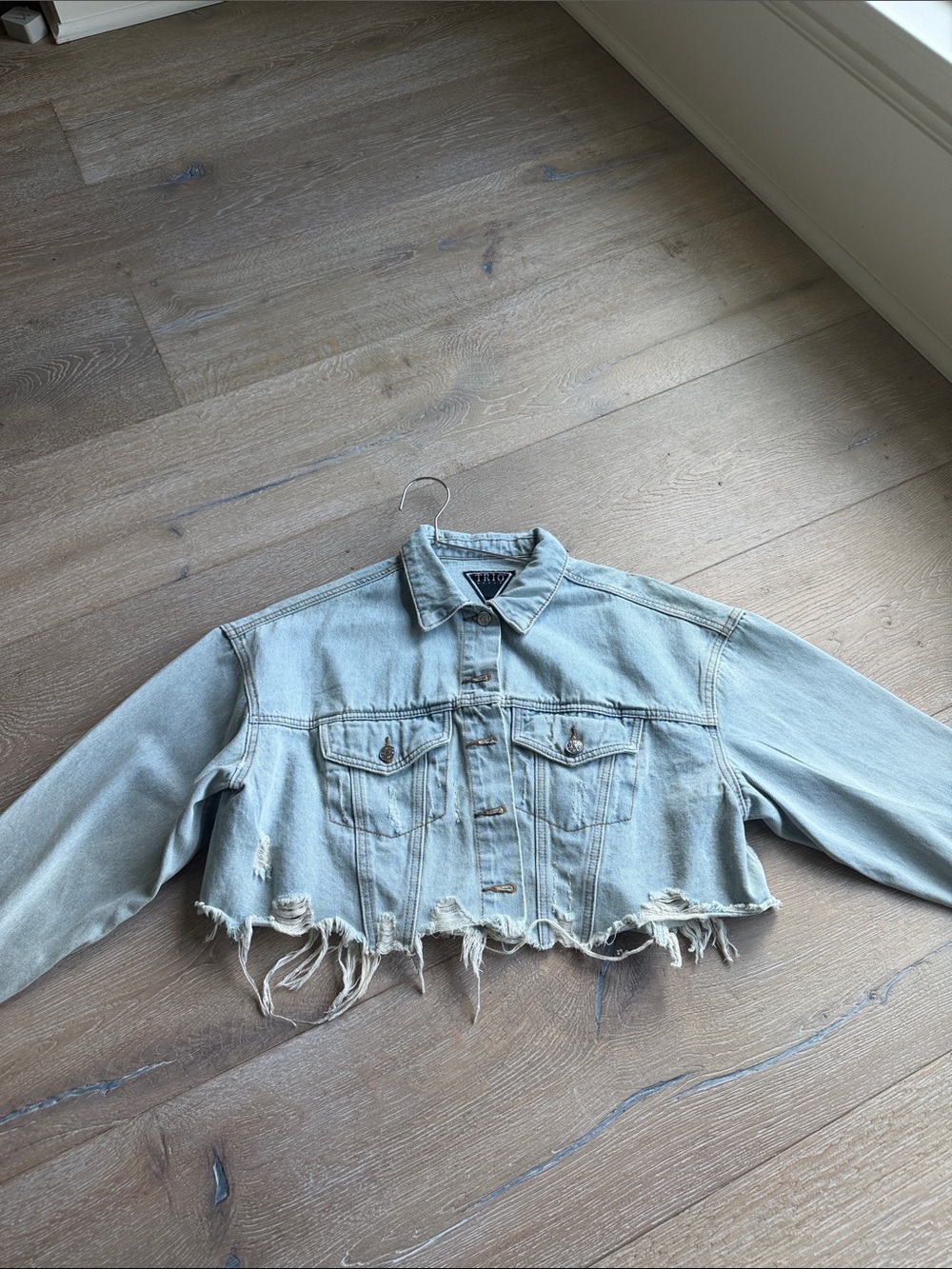Light Wash Distressed Cropped Denim Jacket - Women